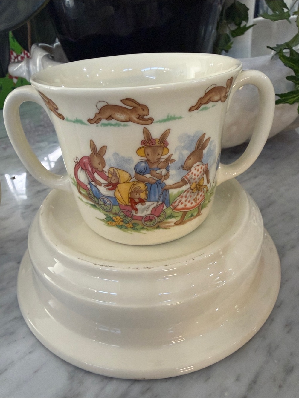 Royal Doulton Bunnykins Two-Handled Cream Trinket Cup with Pastel Bunny Scene